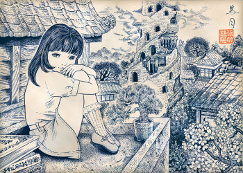 1girl belt bonsai book cherry_blossoms cloud flower fractal_underground_studio house hugging_own_legs long_hair looking_at_viewer mary_janes monochrome original plant potted_plant shirt shoes short_sleeves sitting skirt sky socks tower tower_of_babel traditional_media tree