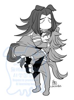 Rule 34 | 2girls, animal ears, character request, check character, closed eyes, closed mouth, commentary request, ears down, fenomeno (umamusume), full body, horse ears, horse girl, horse tail, jacket, lifting person, long hair, meisho doto (umamusume), multiple girls, no headwear, onikobe rin, pants, shoes, simple background, smile, tail, tracen training uniform, umamusume, watermark