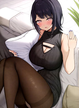 1girl :d absurdres aozora_nan armpit_crease bare_arms black_hair black_pantyhose black_sweater blue_nails blunt_bangs blush breasts cleavage cleavage_cutout clothing_cutout couch dengeki_moeoh dress feet_out_of_frame hand_up highres holding holding_pillow jewelry knees_together_feet_apart knees_up large_breasts looking_at_viewer magazine_scan mole mole_under_mouth nail_polish on_couch open_mouth original panties panties_under_pantyhose pantyhose pantyshot parted_bangs pillow pink_eyes plant ring scan short_hair sidelocks sitting sleeveless sleeveless_sweater smile solo sweater sweater_dress thighs third-party_source underwear wedding_ring white_panties