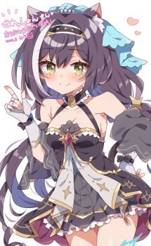 1girl animal_ears black_bow black_bowtie blush bow bowtie braid breasts cat_ears cat_girl cat_tail cleavage commentary_request commission detached_sleeves fingerless_gloves frilled_skirt frills gem gloves green_eyes hair_ornament hairband hi_(pontolfo) karyl_(princess_connect!) long_hair looking_at_viewer multicolored_hair princess_connect! red_gem skeb_commission skirt tail