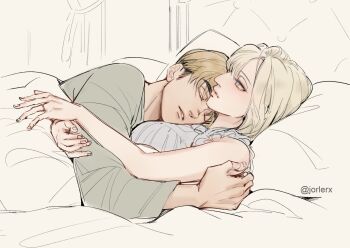 1boy 1girl annie_leonhart armin_arlert bare_arms bare_shoulders blonde_hair breasts commentary couple cuddling english_commentary frilled_sleeves frills grey_shirt hair_between_eyes headboard hetero holding_another's_arm jorlerx long_sleeves medium_breasts medium_hair on_bed parted_bangs parted_lips pillow shingeki_no_kyojin shirt short_hair sleeping twitter_username under_covers upper_body
