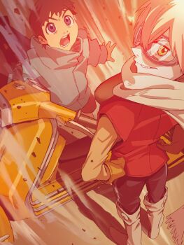 Rule 34 | 1boy, 1girl, boots, flcl, gloves, goggles, green eyes, haruhara haruko, highres, motor vehicle, nandaba naota, open mouth, pink hair, pink punk ponk, scooter, shadow, short hair, standing, teeth, vespa, white footwear, yellow gloves