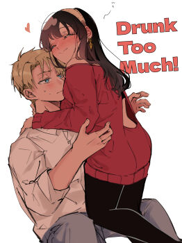 1boy 1girl absurdres alternate_costume alternate_hairstyle back_cutout black_hair black_pantyhose blonde_hair blush breasts casual closed_eyes closed_mouth clothing_cutout collared_shirt commentary_request dress drunk earrings gold_earrings hairband hetero highres hug husband_and_wife jewelry long_hair official_alternate_costume official_alternate_hairstyle pants pantyhose peanuts_omr red_sweater shirt short_hair sidelocks simple_background smile spy_x_family squeans sweater sweater_dress twilight_(spy_x_family) very_short_hair white_background white_shirt yor_briar