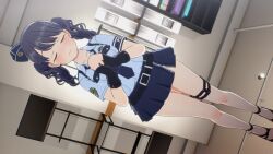 1girl 3d animated ass audible_music black_hair blush bouncing_breasts breasts dancing fukumaru_koito highres idolmaster idolmaster_shiny_colors large_breasts microskirt mikumikudance_(medium) music no_panties police police_uniform policewoman purple_eyes singing skirt solo sound tarkar twintails video