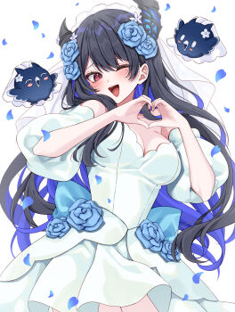 1girl ;d absurdres asymmetrical_horns back_bow black_hair blue_bow blue_flower blue_hair bow breasts bridal_veil bride cleavage colored_inner_hair commentary_request dress dress_flower falling_petals flower hair_flower hair_ornament heart heart_hands highres hololive hololive_english horns jailbird_(nerissa_ravencroft) large_breasts long_hair looking_at_viewer mogu_(au1127) mole mole_under_eye multicolored_hair nerissa_ravencroft off-shoulder_dress off_shoulder one_eye_closed open_mouth oyomeholic_(nerissa_ravencroft) petals puffy_sleeves purple_eyes sidelocks simple_background slit_pupils smile solo uneven_horns veil very_long_hair virtual_youtuber wedding_dress white_background white_dress white_veil