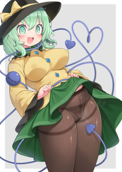 1girl absurdres black_hat blush bow breasts brown_pantyhose buttons clothes_lift collared_shirt commentary_request covered_erect_nipples cowboy_shot diamond_button frilled_shirt_collar frills green_eyes green_hair green_skirt grey_background harunoha hat hat_bow heart heart_of_string highres komeiji_koishi large_variant_set lifting_own_clothes long_sleeves looking_at_viewer medium_breasts open_mouth panties panties_under_pantyhose pantyhose shirt short_hair skirt skirt_lift smile solo textless_version thighband_pantyhose third_eye touhou two-tone_background underwear variant_set white_background yellow_bow yellow_shirt
