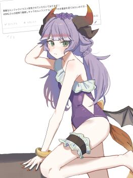 Rule 34 | 1girl, alternate costume, alternate hairstyle, bare shoulders, blush, closed mouth, clothing cutout, commission, covered navel, dragon girl, dragon horns, dragon wings, frilled thigh strap, green eyes, highres, horns, looking at viewer, low wings, nail polish, off-shoulder one-piece swimsuit, off shoulder, one-piece swimsuit, purple hair, purple one-piece swimsuit, radea (rune factory), rfo 2011, rune factory, rune factory 5, side cutout, solo, swimsuit, tail, thigh strap, translation request, twintails, wings