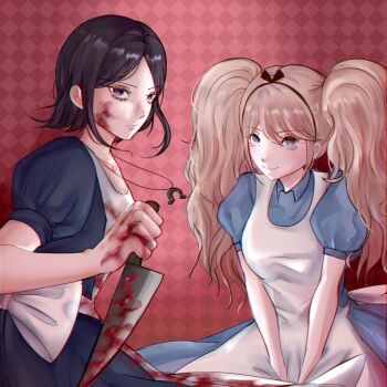 2girls absurdres alice_(disney) alice_(disney)_(cosplay) alice_in_wonderland_(disney) alice_liddell_(american_mcgee&#039;s_alice) alice_liddell_(american_mcgee&#039;s_alice)_(cosplay) american_mcgee&#039;s_alice apron black_hair black_hairband blonde_hair blood blood_on_clothes blood_on_face bloody_weapon blue_dress blush checkered_background closed_mouth commentary cosplay danganronpa_(series) dress enoshima_junko expressionless freckles hairband highres holding holding_knife holding_weapon ikusaba_mukuro jewelry knife kurosshe long_hair looking_at_viewer multiple_girls necklace omega_symbol purple_eyes red_background short_hair siblings sisters smile symbol-only_commentary twintails weapon white_apron