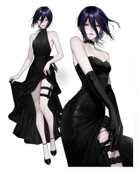 1girl aiomita armpit_peek armpits bare_arms bare_shoulders black_choker black_dress black_gloves black_shoes blush chainsaw_man choker collarbone dress dual_persona elbow_gloves floating_hair front_slit gloves green_eyes gun hair_between_eyes hair_bun half-closed_eyes high_heels highres holding holding_gun holding_weapon knife legs looking_at_viewer medium_hair parted_lips purple_hair reze_(chainsaw_man) shoes sidelocks simple_background skirt_hold solo strapless strapless_dress thigh_strap thighs waistband weapon white_background
