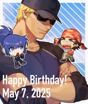 00a3af_231 1girl 2boys bandana baseball_cap birthday black_gloves black_hair blonde_hair blue_eyes blue_hair camouflage camouflage_pants chibi clark_still crossed_arms dated earrings gloves happy_birthday hat highres ikari_warriors jewelry leona_heidern mature_male multicolored_shirt multiple_boys muscular pants ralf_jones soldier sunglasses tank_top the_king_of_fighters the_king_of_fighters_xv triangle_earrings yellow_tank_top