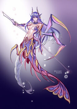 1girl abs alternate_costume alternate_universe arm_up armor artist_name bare_shoulders braid breasts bubble cerealiii character_name commentary covered_erect_nipples dated_commentary detached_collar english_commentary english_text fins full_body genshin_impact gradient_background gradient_hair head_fins headpiece holding holding_sword holding_weapon katana large_breasts long_braid long_hair looking_at_another mermaid mitsudomoe_(shape) monster_girl multicolored_hair navel parted_lips puffy_nipples purple_background purple_eyes purple_hair purple_lips purple_scales raiden_shogun scales shade single_braid sketch solo stomach sword tomoe_(symbol) toned toned_female twitter_username underwater weapon webbed_hands