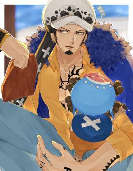 3boys arm_tattoo back backpack bag chest_tattoo cross earrings facial_hair fuji_1w goatee hand_tattoo hat highres jewelry looking_to_the_side male_focus multiple_boys notice_lines one_piece out_of_frame outdoors sanji_(one_piece) shirt sideburns tattoo tony_tony_chopper trafalgar_law yellow_shirt