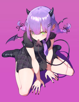 1girl absurdres arms_between_legs bat_wings biting_own_tail black_nails black_shirt black_skirt black_socks braid ear_piercing from_above gradient_hair green_eyes hair_between_eyes hair_ornament hair_ribbon hairpin heart heart_tail highres hololive loafers looking_at_viewer multicolored_hair multiple_hairpins necktie niboshidrip parted_bangs piercing pink_background plaid_clothes plaid_skirt pleated_skirt purple_hair purple_necktie ribbon shirt shoes short_sleeves simple_background sitting skirt small_horns socks solo tail tail_ornament tail_piercing tie_clip tokoyami_towa tokoyami_towa_(underworld_uniform) twin_braids virtual_youtuber wariza wings