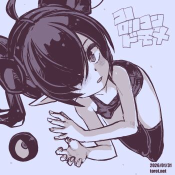 1girl ahoge backbeako_(torotei) backbeard blue_theme blush breasts collarbone commentary dated dated_commentary dutch_angle fingernails gegege_no_kitarou hair_over_one_eye hair_ribbon kono_lolicon_domome long_hair looking_at_viewer lying monochrome on_side one-piece_swimsuit one_eye_closed open_mouth original paid_reward_available parted_lips pointy_ears ribbon school_swimsuit simple_background small_breasts solo swimsuit thighhighs torotei translated twintails watermark web_address white_background