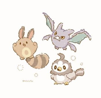 Rule 34 | brown eyes, colored sclera, crobat, full body, gen 2 pokemon, gen 4 pokemon, mofucoffee, nintendo, no humans, open mouth, pokemon, pokemon (creature), pokemon focus, sentret, simple background, starly, twitter username, white background, yellow sclera