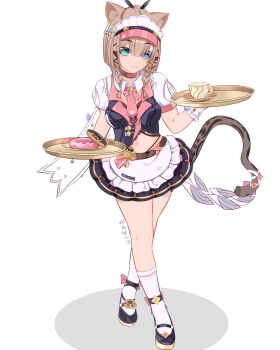 Rule 34 | 1girl, absurdres, animal ears, apron, black shirt, black shoes, black skirt, blue eyes, blunt bangs, breasts, cat ears, cat girl, cat tail, commentary request, cup, donut, food, green eyes, heterochromatic eyewear, highres, holding, holding plate, honkai (series), honkai impact 3rd, looking at viewer, medium breasts, official alternate costume, pardofelis, pardofelis (meowtose macchiato), plate, qianjiaqiuhao, shirt, shoes, simple background, skirt, socks, solo, tail, thighs, tinted eyewear, visor cap, white apron, white background, white socks
