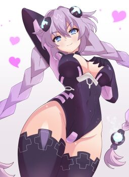 1girl absurdres arm_behind_head arm_up black_gloves black_leotard blue_eyes blush bodysuit boots braid breasts choujigen_game_neptune cleavage cleavage_cutout clothing_cutout compile_heart covered_navel cowboy_shot curvy d-pad d-pad_hair_ornament from_below gloves hair_ornament hairclip hand_on_own_chest headgear heart highres idea_factory large_breasts legs leotard long_hair looking_at_viewer mrrollingcircle neck neptune_(neptunia) neptune_(series) power_symbol purple_hair purple_heart_(neptunia) seductive_smile skin_tight smile solo symbol-shaped_pupils thick_thighs thigh_boots thighs twin_braids twintails very_long_hair wide_hips