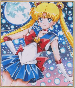 1girl absurdres bishoujo_senshi_sailor_moon blonde_hair blue_choker blue_eyes blue_sailor_collar bow breasts chikoto_(kztc4472) choker circlet collarbone crescent crescent_earrings double_bun earrings elbow_gloves gloves hair_bun hair_ornament highres jewelry long_hair looking_at_viewer magical_girl medium_breasts moon photo_(medium) red_choker sailor_collar sailor_moon sailor_senshi_uniform skirt smile solo traditional_media tsukino_usagi twintails white_gloves