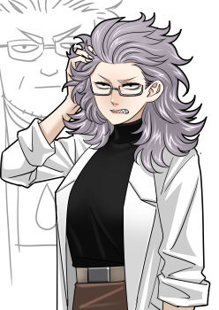 Rule 34 | 1girl, absurdres, arm up, black shirt, brown skirt, coat, genderswap, genderswap (mtf), glasses, grey-framed eyewear, grey hair, grin, hand in own hair, highres, lab coat, long hair, mado hiroshi, mature female, puniru wa kawaii slime, segata3shirou, semi-rimless eyewear, sharp teeth, shirt, skirt, sleeves rolled up, smile, solo, teeth, turtleneck, turtleneck shirt, white coat