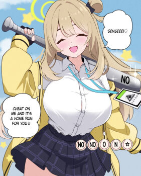 1girl baseball_bat black_gloves black_skirt blue_archive blush breasts brown_hair closed_eyes collared_shirt dot_nose emphasis_lines english_text facing_viewer fingerless_gloves gloves green_halo hair_bun hair_intakes halo happy holding holding_baseball_bat id_card jacket large_breasts long_hair long_sleeves metal_baseball_bat nonomi_(blue_archive) open_clothes open_jacket open_mouth pleated_skirt rikki_(ganba_rikki) shirt single_hair_bun skirt solo speech_bubble star_(symbol) white_shirt yellow_jacket