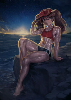 1girl abs alternate_muscle_size arm_support barefoot brown_eyes brown_hair commentary dolphin_shorts english_commentary full_body hat_tip kantai_collection micro_shorts muscular muscular_female navel ocean one_eye_closed red_sports_bra ryuujou_(kancolle) shorts sitting sky solo sports_bra star_(sky) starry_sky sunset sweat thighs twintails visor_cap yilx
