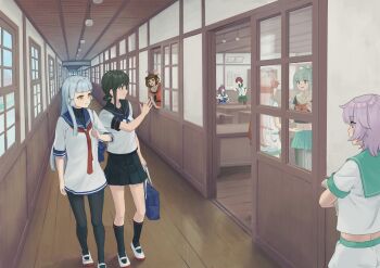 Rule 34 | 6+girls, bag, black pantyhose, black sailor collar, black skirt, blue sailor collar, classroom, dress, fubuki (kancolle), fubuki kai ni (kancolle), grey hair, hallway, highres, kantai collection, kisaragi (kancolle), kuma (kancolle), long hair, low ponytail, multiple girls, murakumo (kancolle), mutsuki (kancolle), naka (kancolle), orange eyes, pantyhose, ponytail, sailor collar, sailor dress, school bag, school uniform, serafuku, shoes, short eyebrows, short ponytail, skirt, sliding doors, tama (kancolle), uwabaki, waving, white dress, youryokuso (chlorophyll), yuubari (kancolle)