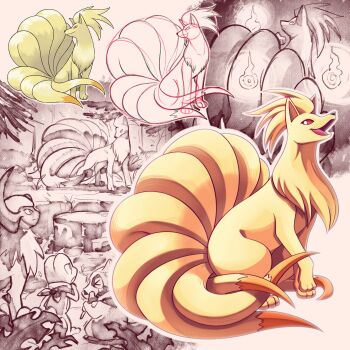 Rule 34 | absol, bone, closed mouth, commentary request, cubone, fox, gen 1 pokemon, gen 3 pokemon, highres, horns, mane, multiple tails, neck fur, ninetales, nintendo, no humans, open mouth, pokemon, pokemon (creature), pokemon focus, pokemon frlg, pokemon mystery dungeon, pokemon mystery dungeon: red/blue rescue team, red eyes, scarf, shoupitsuki, single horn, sitting, sketch, skull, smile, tail, treecko, will-o-wisp (pokemon), yellow fur