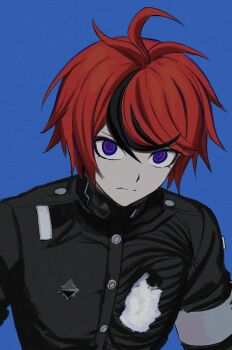 1boy ahoge armband asakamo_sirenai black_jacket black_streaks blue_background blue_eyes expressionless eyeshadow film_grain gakuran jacket last_defense_academy_school_uniform looking_at_viewer makeup male_focus multicolored_hair red_eyeshadow red_hair ringed_eyes school_uniform short_hair simple_background solo streaked_hair sumino_takumi the_hundred_line_-last_defense_academy- upper_body white_armband
