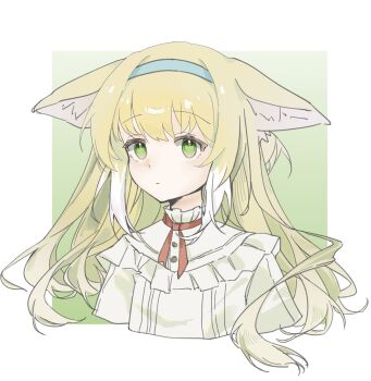 1girl :/ animal_ear_fluff animal_ears arknights blonde_hair blue_hairband border commentary cropped_shoulders dot_nose ears_down expressionless fox_ears fox_girl gradient_background green_background green_eyes hairband highres kitsune kyuubi liulangdelanmao long_hair multiple_tails neck_ribbon outside_border red_ribbon ribbon sidelocks solo suzuran_(arknights) tail white_border