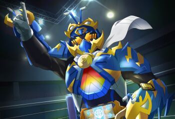 1boy antwrestler armor bell black_bodysuit blue_armor bodysuit gotcha_driver highres index_finger_raised indoors kamen_rider kamen_rider_gotchard kamen_rider_gotchard_(series) male_focus miyabi_(037) official_alternate_costume power_armor scarf shoulder_armor white_scarf wrestler wrestling_ring