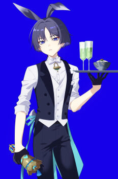 1boy absurdres alternate_costume animal_ears apron arm_at_side bell belt black_belt black_pants blue_background blunt_ends bow bowl bowtie bright_pupils bunny_day clenched_hand collar colored_inner_hair contemporary cowboy_shot curled_fingers dress_shirt eyeliner eyeshadow fake_animal_ears fake_tail food genshin_impact glass gloves gold green_apron hag_(hag_015) half_gloves hand_up head_tilt highres holding holding_weapon juice lapels looking_at_viewer makeup male_focus meat multicolored_hair open_clothes open_vest pants parted_bangs parted_lips purple_eyes purple_hair rabbit_ears rabbit_tail red_eyeliner red_eyeshadow rice scaramouche_(genshin_impact) shimi_chazuke_(genshin_impact) shirt solo tail three-quarter_sleeves traditional_bowtie tsurime tulaytullah's_remembrance_(genshin_impact) twitter_username undershirt vest waist_apron weapon white_bow white_bowtie white_collar white_mouth white_pupils white_sleeves white_vest