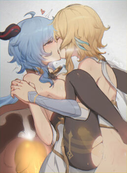 1futa 1girl ahoge artist_name baba19h bare_shoulders bell black_leotard black_pantyhose blonde_hair blue_hair blush bottomless breast_press breasts cross-section cum dress ejaculation futa_with_female futanari ganyu_(genshin_impact) genshin_impact heart horns interlocked_fingers internal_cumshot kiss leotard leotard_under_clothes long_hair lumine_(genshin_impact) magic medium_breasts medium_penis pantyhose penis perverted_utility sex sex_toy short_hair_with_long_locks sleeveless sleeveless_dress torn_clothes torn_pantyhose trembling