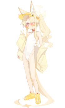 1girl absurdres animal_ear_fluff animal_ears aviator_sunglasses bare_shoulders blonde_hair blue_archive blush breasts cross_halo extra_ears feet forehead fox_ears fox_girl fox_tail full_body hair_over_one_eye halo hat highleg highleg_one-piece_swimsuit highres hip_bones jacket loli long_hair long_sleeves long_tail looking_at_viewer off_shoulder one-piece_swimsuit one_eye_covered parted_bangs ri-el sandals seia_(blue_archive) seia_(swimsuit)_(blue_archive) side_ponytail sidelocks simple_background skinny small_breasts solo sunglasses swimsuit tail tail_ornament thighs tinted_eyewear toes v very_long_hair visor_cap white_background white_one-piece_swimsuit yellow-tinted_eyewear yellow_eyes yellow_halo yellow_hat yellow_jacket yellow_sandals