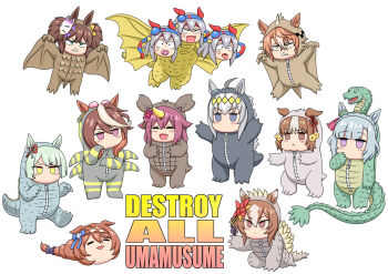 6+girls ahoge anguirus anguirus_(cosplay) aonuma_kiyoharu arms_up belno_light_(umamusume) blue_hair braid brown_hair character_request chibi chibi_only closed_eyes closed_mouth commentary_request cosplay cosplay_request dicta_striker_(umamusume) ear_covers ears_down ears_through_hood flying fujimasa_march_(umamusume) full_body godzilla godzilla_(cosplay) godzilla_(series) green_eyes green_hair grey_hair hair_ornament head_tilt headband highres hood hood_up horns inari_one_(umamusume) king_caesar_(godzilla) king_caesar_(godzilla)_(cosplay) king_ghidorah king_ghidorah_(cosplay) kneeling mask mask_on_head mejiro_ardan_(umamusume) multicolored_hair multiple_girls multiple_heads oguri_cap_(gray_monster)_(umamusume) oguri_cap_(umamusume) open_mouth pacifier parody pink_eyes pink_hair rodan rodan_(cosplay) single_horn smile standing super_creek_(umamusume) symboli_rudolf_(umamusume) tamamo_cross_(umamusume) title_parody two-tone_hair umamusume umamusume:_cinderella_gray v-shaped_eyebrows walking zipper zipper_pull_tab