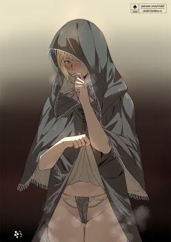 1girl artist_name black_cloak black_panties blonde_hair blue_eyes blush cloak club3 commentary_request covering_own_mouth cowboy_shot deathbed_smalls elden_ring fia_the_deathbed_companion gradient_background groin hair_over_one_eye hand_up hood hood_up lifting_own_clothes looking_at_viewer panties patreon_username solo standing underwear watermark web_address