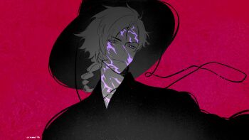 1boy absurdres artist_name black_hat black_robe braid facial_mark hashtag-only_commentary hat highres kpop_demon_hunters looking_at_viewer male_focus nijisanji nijisanji_en nrnmarie parted_lips purple_eyes red_background robe short_hair simple_background smirk solo upper_body vantacrow_bringer virtual_youtuber