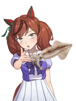 1girl animal_ears bow brown_eyes brown_hair drunkyapsession ear_covers ear_ribbon highres horse_ears horse_girl horse_tail long_hair long_sleeves looking_at_viewer medium_hair meme multicolored_hair nice_nature_(umamusume) open_mouth pleated_skirt school_uniform shirt simple_background skirt solo streaked_hair tail tracen_school_uniform twintails umamusume white_background white_shirt woe_plague_be_upon_ye_(meme)