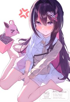 1girl :t anger_vein ascot asymmetrical_sidelocks azki_(4th_costume)_(hololive) azki_(hololive) barefoot blush braid brown_hair brown_jacket collared_dress colored_inner_hair commentary_request double-parted_bangs dress ecli_xx from_above full_body gradient_clothes gradient_dress hair_between_eyes hair_intakes hair_ornament hairclip half_up_braid hololive jack-in-the-box jacket long_hair looking_at_viewer mole mole_under_eye multicolored_hair official_alternate_costume pink_dress pink_hair pink_streaks pioneer_(azki) pout puffy_sleeves purple_eyes sidelocks simple_background sitting skirt skirt_under_dress solo three-quarter_sleeves v_arms very_long_hair virtual_youtuber wariza watermark white_ascot white_background white_dress white_skirt white_streaks