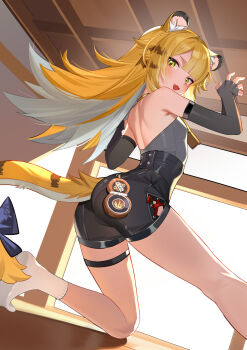 1girl :3 absurdres animal_ears back bare_shoulders black_gloves black_shorts blonde_hair blue_bow bow claw_pose commentary_request elbow_gloves fang fingerless_gloves flat_chest from_behind gloves green_eyes high-waist_shorts highres ju_fufu loli multicolored_hair open_mouth shorts shoulder_blades smile socks streaked_hair tail tail_bow tail_ornament thighs tiger_ears tiger_girl tiger_tail white_hair white_socks yueyueyue_yao zenless_zone_zero