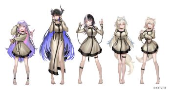 5girls :d ;d ;p alternate_costume animal_ears arms_behind_back asymmetrical_horns atsuki0814 bandaged_leg bandages bandaid bandaid_hair_ornament barefoot bilingual_commentary black_hair black_wings blonde_hair blue_eyes blue_hair blue_hairband center-flap_bangs closed_mouth colored_inner_hair commentary copyright_notice crossed_bangs detached_wings dog_ears dog_girl dog_tail double-parted_bangs dress english_commentary fake_horns feathered_wings flower full_body fuwawa_abyssgard gem gradient_hair grey_dress grey_shirt grey_skirt hair_between_eyes hair_flaps hair_ornament hairband hairclip hand_up hands_up headpiece holoadvent hololive hololive_english horn_flower horn_hairband horns jewel_under_eye juliet_sleeves koseki_bijou long_dress long_hair long_sleeves low_wings metal_wings miniskirt mixed-language_commentary mococo_abyssgard multicolored_hair multiple_girls nerissa_ravencroft official_art one_eye_closed open_mouth parallel_hairclips pink_eyes pink_hair pink_hairband puffy_sleeves purple_eyes purple_gemstone purple_hair shiori_novella shirt short_dress short_hair side_slit sidelocks simple_background skirt smile split-color_hair straitjacket streaked_hair tail thigh_strap tongue tongue_out two_side_up uneven_horns very_long_hair virtual_youtuber white_background wings x_hair_ornament yellow_eyes