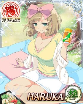 1girl bento blanket border bow breasts brown_hair can card_(medium) cardigan casual character_name cherry_blossoms closed_mouth curled_ends day drink_can game_cg grass green_eyes green_shirt hair_bow hanami haruka_(senran_kagura) holding holding_can jewelry large_breasts looking_at_viewer medium_hair necklace official_art on_blanket open_cardigan open_clothes outdoors pencil_skirt picnic pink_bow pink_shiso_leaf senran_kagura senran_kagura_new_wave shirt sitting_on_pillow skirt smile soda_can solo swept_bangs third-party_source tree white_cardigan white_skirt