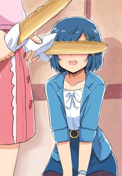 2girls baguette belt belt_buckle black_belt black_pantyhose blue_hair blue_jacket blue_skirt blush bread buckle commentary covered_eyes delicious_party_precure food fuwa_kokone hair_ornament hairclip highres holding holding_bread holding_food jacket kneeling lapels multiple_girls nagomi_yui open_clothes open_jacket open_mouth pantyhose pink_shirt pink_skirt precure sexually_suggestive shirt short_hair skirt smile standing upper_body uraki white_shirt
