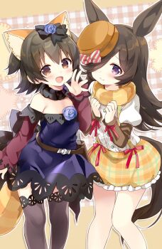 2girls akagi_miria akagi_miria_(cosplay) animal_ears black_bow black_thighhighs blue_dress blue_flower blue_rose bow brown_eyes brown_hair brown_sleeves buttons checkered_clothes checkered_skirt clenched_hands commentary cosplay costume_switch cowboy_shot dagger detached_sleeves diagonal-striped_bow dot_nose dress flat_chest flower fur-trimmed_collar fur_trim hair_between_eyes hair_bow hair_over_one_eye hand_up hands_up hat horse_ears horse_girl horse_tail idolmaster idolmaster_cinderella_girls juliet_sleeves knife lace lace-trimmed_dress lace_trim legs light_blush long_hair long_sleeves looking_at_viewer medium_hair multiple_girls nagayama_yuunon open_mouth orange_headwear puffy_sleeves purple_eyes purple_sleeves raccoon_ears raccoon_tail rice_shower_(umamusume) rice_shower_(umamusume)_(cosplay) rose sheath shirt sidelocks skirt smile striped_bow suspender_skirt suspenders tail thighhighs thighs umamusume waving weapon white_shirt yellow_background yellow_skirt