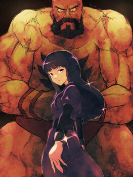 Rule 34 | 1boy, 1girl, beard, blunt bangs, dress, facial hair, full beard, high score girl, highres, looking at viewer, muscular, muscular male, oono akira, panties, pectorals, purple dress, purple hair, red eyes, red panties, shredded muscles, street fighter, topless male, underwear, veins, veiny arms, yuenibushi, zangief
