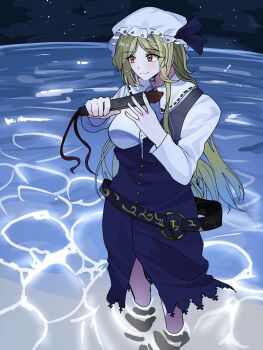 Rule 34 | 1girl, blonde hair, bow, commentary, dress, folded fan, folding fan, hand fan, hat, hat bow, highres, holding, holding fan, long hair, looking to the side, mob cap, night, purple bow, purple dress, red eyes, shirt, sky, solo, standing, star (sky), starry sky, touhou, wading, watatsuki no toyohime, water, white hat, white shirt, youna nan