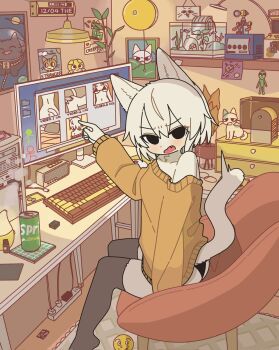 1girl absurdly_detailed_composition alien angry animal_ear_fluff animal_ears aquarium black_panties black_thighhighs can cat cat_ears cat_girl cat_tail chair computer_keyboard creeper dated desk drink_can fang fish from_side game_console gamecube hair_between_eyes highres loaded_interior looking_at_viewer mike_no_hito monitor no_pupils no_shoes on_chair original panties pointing power_strip shikaru_neko shikaru_neko_(character) short_hair single_bare_shoulder sitting soda_can sprite_(drink) sweater tail thighhighs thong underwear yellow_sweater