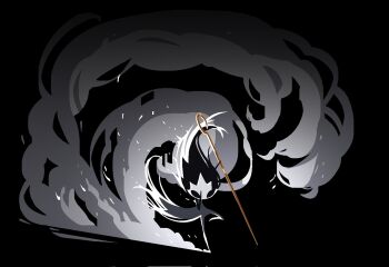 Rule 34 | 1other, arthropod girl, black eyes, black hair, black skin, colored skin, dress, floating hair, full body, grey dress, hand on mask, highres, holding, holding weapon, hollow eyes, hollow knight, hollow knight: silksong, mask, p 0p, phantom (hollow knight), pin (hollow knight), weapon, white mask