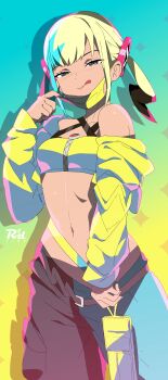 1girl aqua_background aqua_hair bandeau belt black_mask blonde_hair breasts canari_(pokemon) cleavage criss-cross_halter crop_top curly_sidelocks fake_hair_bun groin halterneck highres jacket large_breasts licking_lips lipstick makeup mask mega_ring mega_stone midriff mouth_mask multicolored_hair navel nintendo pants pixiv_username pokemon pokemon_legends:_z-a purple_eyes r3dfive short_twintails solo split-color_hair stomach tongue tongue_out twintails twitter_username two-tone_hair two-tone_mask watermark yellow_background yellow_bandeau yellow_jacket yellow_mask zipper