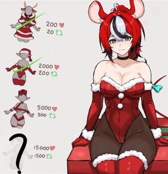 1girl alternate_costume arm_support black_choker black_streaks blue_bow blue_eyes blush bodystocking bow box breasts choker cleavage covered_navel dress fur-trimmed_gloves fur-trimmed_leotard fur-trimmed_thighhighs fur_trim gift gift_box gloves hakos_baelz highres hololive hololive_english leotard like_and_retweet long_hair medium_breasts mouse_girl mouse_tail multicolored_hair ponytail red_dress red_hair sitting solo streaked_hair tail tail_bow tail_ornament thighhighs ttsyrene virtual_youtuber white_streaks