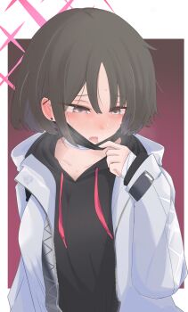 Rule 34 | 1girl, bandaged arm, bandaged neck, bandages, black jacket, black mask, blue archive, blush, brown eyes, brown hair, coat, commentary, crying, crying with eyes open, ear piercing, hair between eyes, halo, highres, hood, hood down, jacket, lipton8811, mask, misaki (blue archive), mouth mask, open clothes, open coat, piercing, red background, red halo, short hair, snot, solo, tearing up, tears, tongue, tongue out, white jacket
